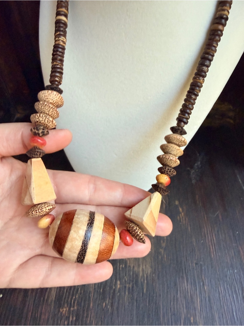 Handcrafted Natural Wood Bead Women's Necklace in Brown and Cream